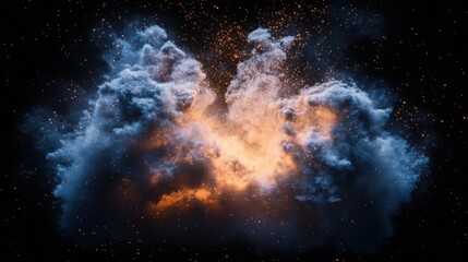 Dramatic explosion of vibrant colors with clouds of smoke against a dark background, creating a cosmic effect.