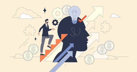 Skill training focuses on growth with a person climbing stairs, a head silhouette, and arrows. Neubrutalism style.