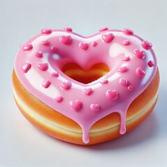 pink Heart shaped doughnut with icing and sprinkles on a white background