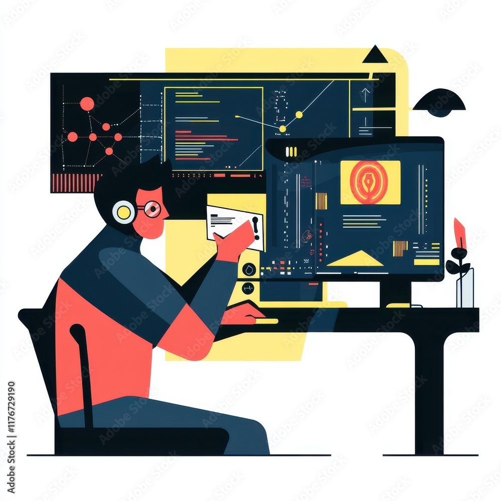 Poster a young male coder with glasses engaged in programming at a computer desk, surrounded by colorful gr