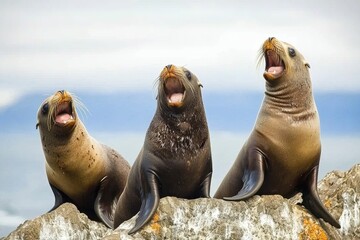 Fototapeta premium A group of South American fur seals basking on rocks along the Pacific coastline.