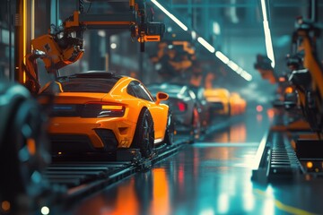 A vibrant orange sports car on an assembly line in a modern factory, showcasing advanced robotics and technology.