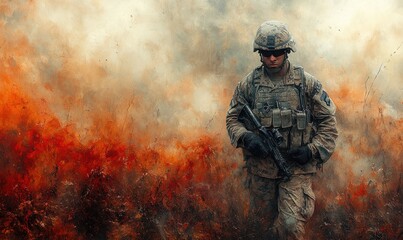 Naklejka premium Soldier stands amidst fiery, textured background.
