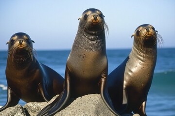 Naklejka premium A group of South American fur seals basking on rocks along the Pacific coastline.