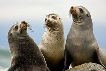 Fototapeta premium A group of South American fur seals basking on rocks along the Pacific coastline.