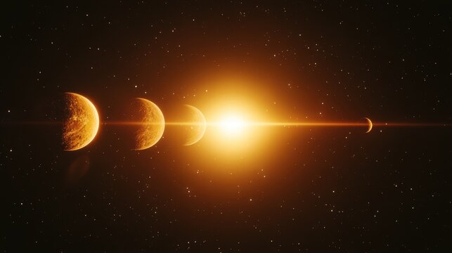 A stunning cosmic scene featuring four planets aligned in a row against a radiant sun backdrop.