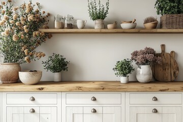 Fototapeta premium 3D Rendering of White Kitchen Cabinets with Wooden Countertop, Decorative Objects, and Minimalistic yet Inviting Atmosphere