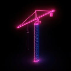 A futuristic neon crane illuminated in vibrant pink and blue against a dark background, showcasing modern design.