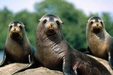 Fototapeta premium A group of South American fur seals basking on rocks along the Pacific coastline.