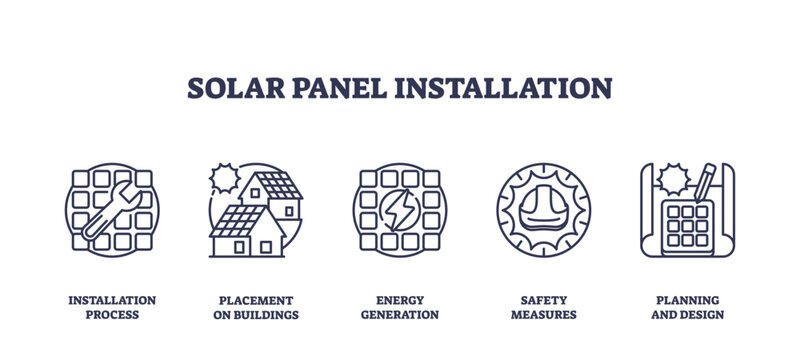 Solar panel installation icons show tools, buildings, and energy symbols. Outline icons set.