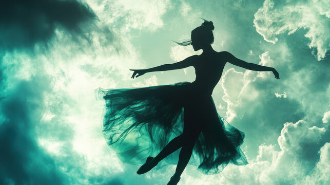 A silhouette of a ballet dancer captured mid-spin, her flowing skirt shimmering in vibrant aquamarine hues, a backdrop of abstract spring storm clouds with streaks of light breaking through
