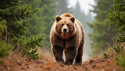 Fototapeta premium Majestic grizzly bear walking through pine forest, natural wilderness