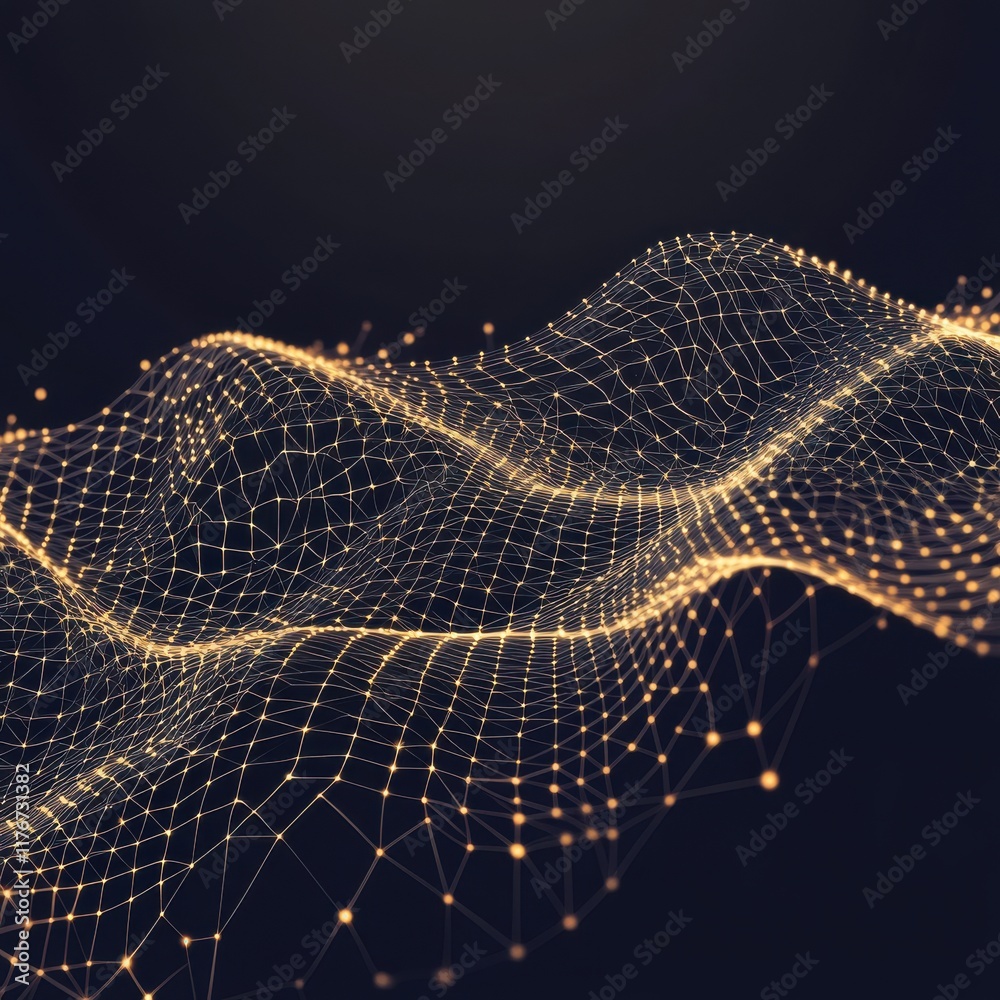 Poster a mesmerizing abstract visualization of flowing golden waves and interconnected nodes.