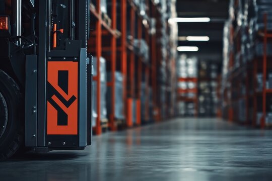 Close-up of a modern forklift in a warehouse setting, showcasing its design and industrial environment.