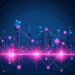 A vibrant, futuristic city skyline with glowing networks of light in pink tones, symbolizing connectivity.