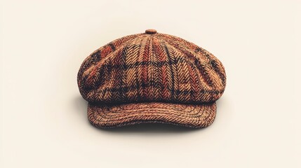 Brown and orange checkered wool newsboy cap isolated on white background.