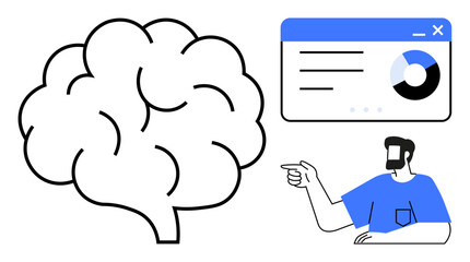 Brain outline, data chart, and person pointing highlight learning, data interpretation, and interactive guidance. Ideal for education, analytics, training, coaching decision-making cognitive