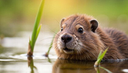 Curious baby beaver swimming in riverside setting, nature's wonder
