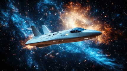 Fototapeta premium A sleek, futuristic spacecraft glides through a vibrant cosmic nebula, surrounded by brilliant colors.