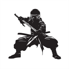 Fototapeta premium Ninja Stance: Holding Katana – Black and White Vintage Vector Illustration