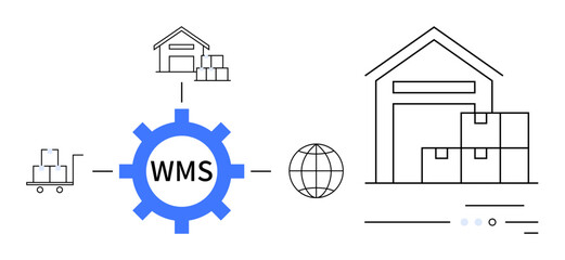 Warehouse gear labeled WMS connected to a cart, storage boxes, globe, and warehouse building outlines. Ideal for logistics, inventory control, supply chain, technology, global trade, warehouse