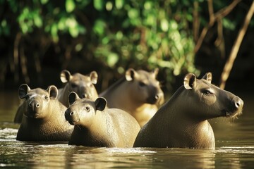 Fototapeta premium A group of South American tapirs wading through a shallow river in the Amazon basin.