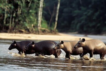 Fototapeta premium A group of South American tapirs wading through a shallow river in the Amazon basin.