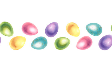 Easter eggs and delicate spring flowers and leaves. Isolated watercolor illustration hand-painted. Seamless border with pastel Easter eggs. Template for Easter cards, covers, posters, invitations