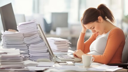 Overwhelmed pregnant woman working at a cluttered desk with papers and laptop.