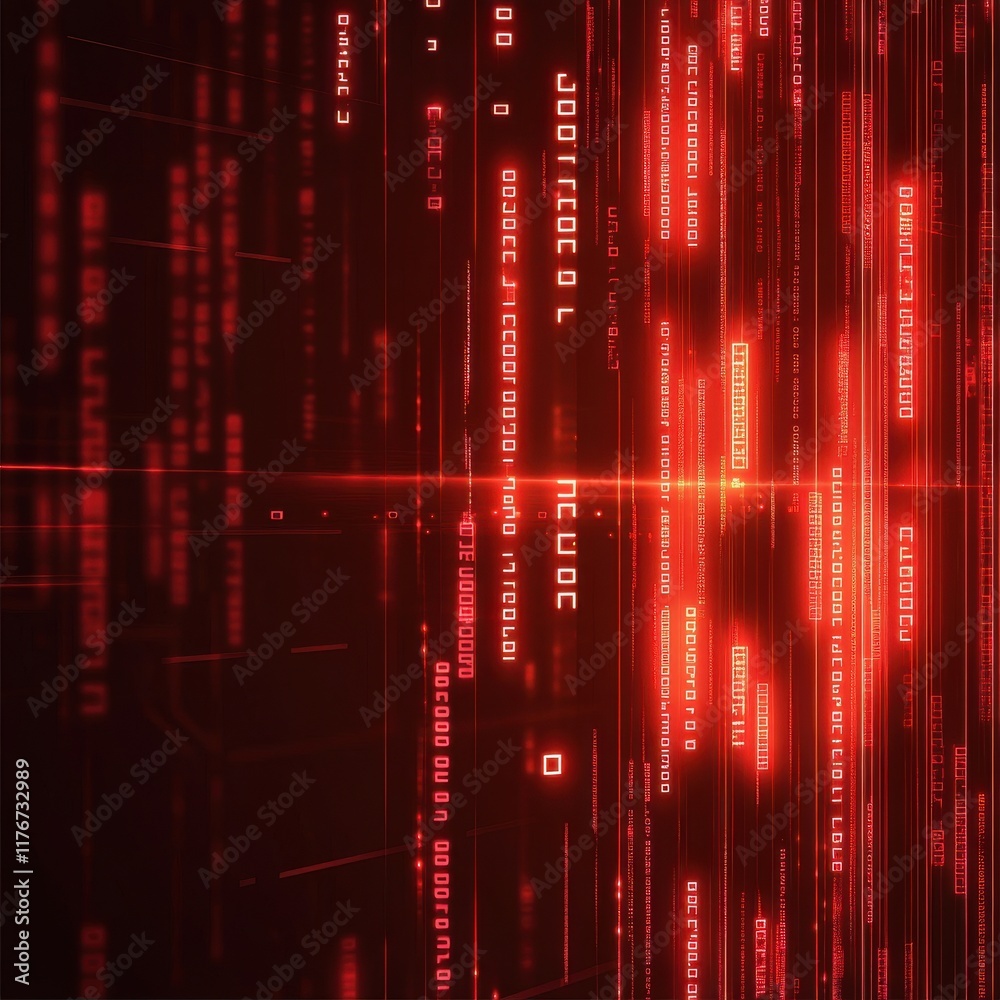 Poster abstract digital background with red glowing lines and binary code elements, representing technology