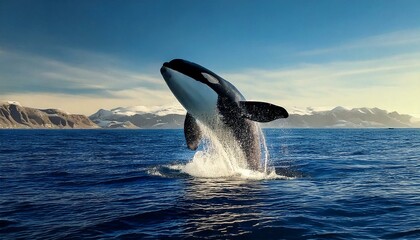Fototapeta premium An orca leaps out of the water whale swimming