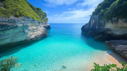A tropical beach scene shows bright turquoise water nestled between rocky cliffs
