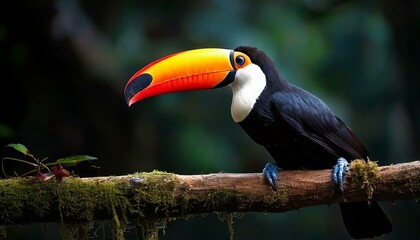Toco toucan birds with colorful beak on tree branch and rain forest background