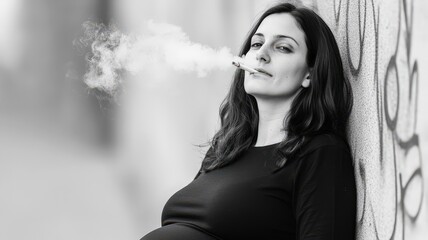 Smoking pregnant woman against a graffiti wall - careless pregnancy concept.
