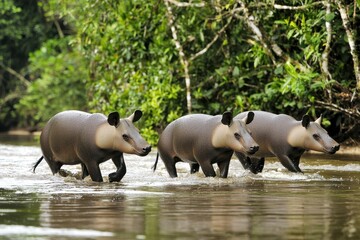 A group of South American tapirs wading through a shallow river in the Amazon basin.