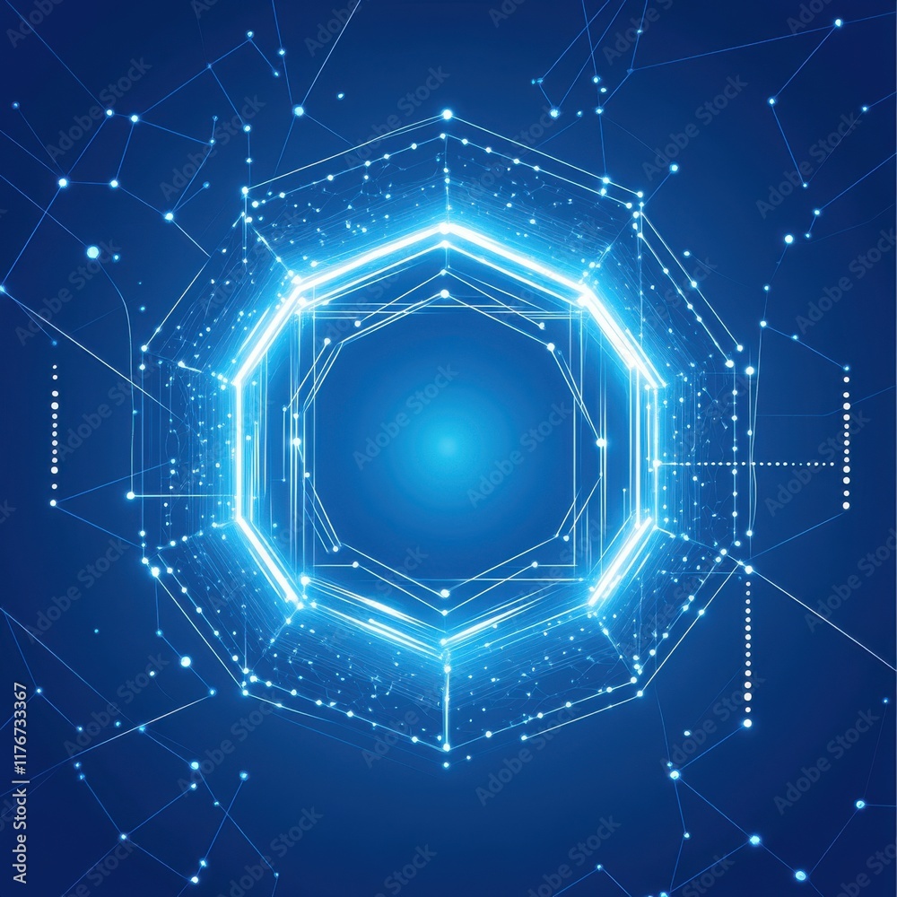 Poster abstract blue hexagonal light pattern with glowing points illustrating digital technology concepts.