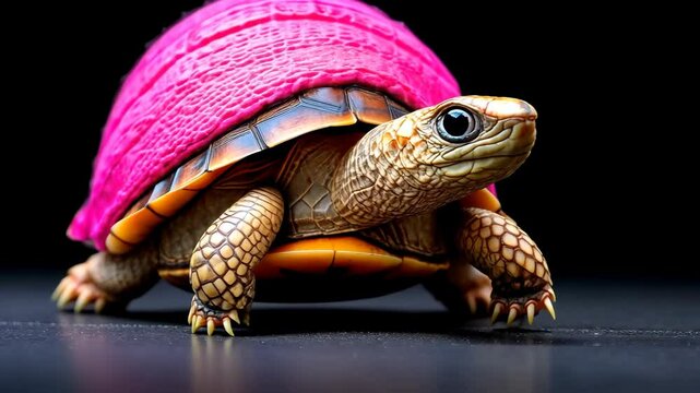 Small turtle is wearing a pink blanket. The turtle is looking up at the camera. The pink blanket is covering the turtle's shell