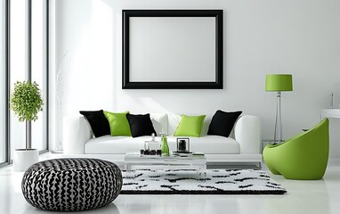 Modern white living room interior with green accents and blank frame.