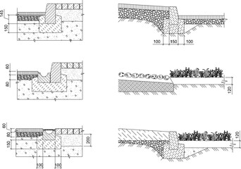 Illustrator sketch of construction design of paving and plant arrangement for garden work.eps