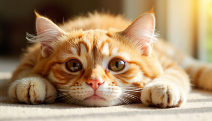 Relaxed orange tabby cat resting in sunlit room, cozy atmosphere