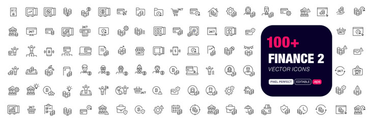 100+ finances and e-commerce related icons. Pixel perfect, editable stroke vector set