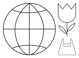 Earth globe represents global perspective, tulip signifies nature, and shopping bag denotes consumerism. Ideal for sustainability, environment, nature conservation, eco-friendliness, global unity