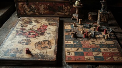 Antique game boards, chess pieces, and wooden box on a rustic table.