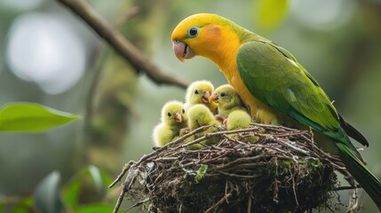 A vibrant parrot caring for its four fluffy chicks in a natural nest.