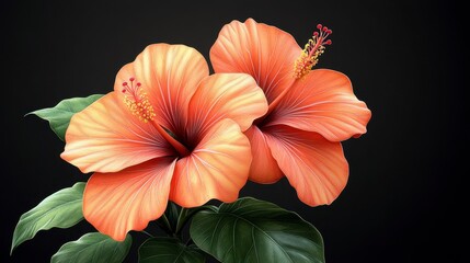 Obraz premium Two peach hibiscus flowers with green leaves on a black background.