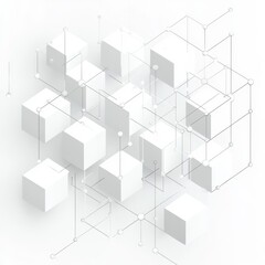 Abstract geometric design featuring interconnected cubes and lines in a minimalist white palette.