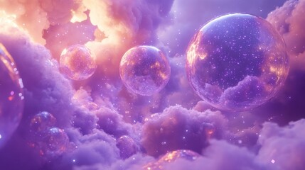 Naklejka premium Magical purple and pink clouds illuminated by ethereal bubbles floating in a dreamy cosmic atmosphere.