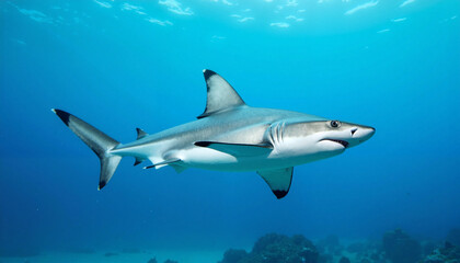 Blacktip shark swimming gracefully in clear blue ocean, marine beauty