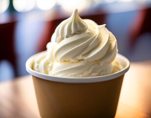 Close up of vanilla soft serve ice cream in a cup