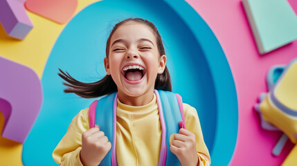 A quirky young girl with a backpack, laughing and screaming in a dynamic pose, placed in an abstract futuristic classroom with bright colors and a solid blue background. funny scho